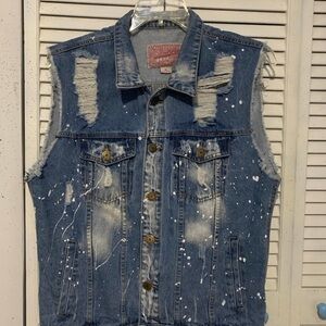 Brooklyn Cloth Blue Thrashed & Distressed Paint Splatter Denim Trucker Vest
